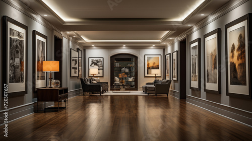 A gallery-style hallway with recessed lighting photo