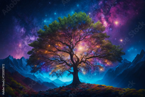 Alone tree with  fireflies or lightning bug in the night sky. A colorful winter landscape illustration  Generative AI