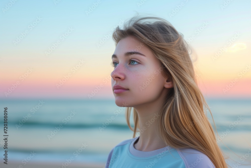 Portrait on the beach young woman with long blond hair Portrait on the beach young woman with long blond hair