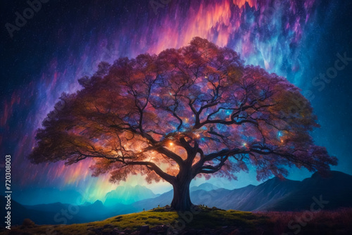 Alone tree with fireflies or lightning bug in the night sky. A colorful winter landscape illustration, Generative AI