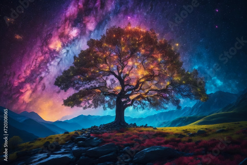 Alone tree with fireflies or lightning bug in the night sky. A colorful winter landscape illustration, Generative AI