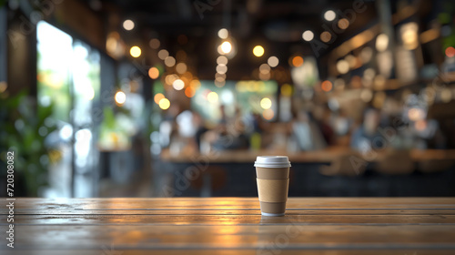 paper cup with coffee on wooden tabletop against blurred coffee shop background
