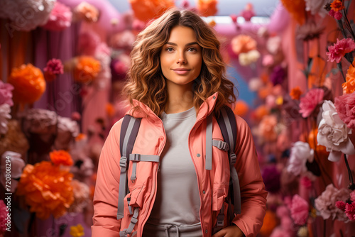 A young woman in a pink hiking jacket against the background of flowers.