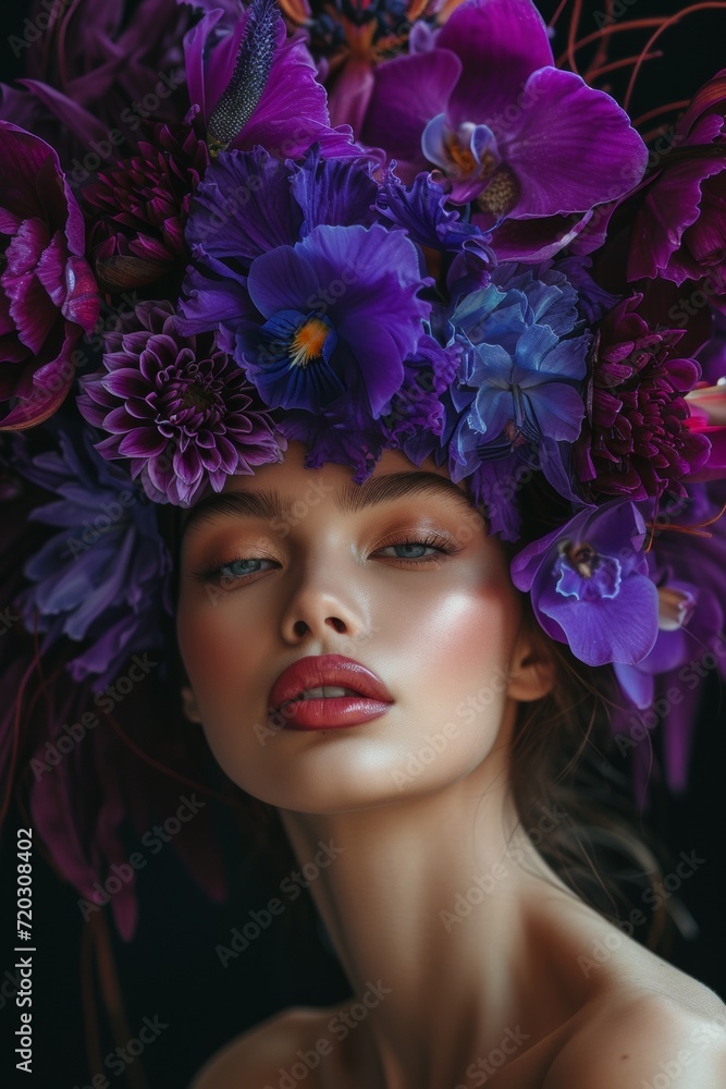an elegant model with a flower crown on her head an elegant model with a flower crown on her head