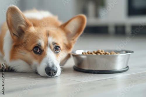 Corgy is lying on the floor near the stainless steel bowl of dry kibble dog food