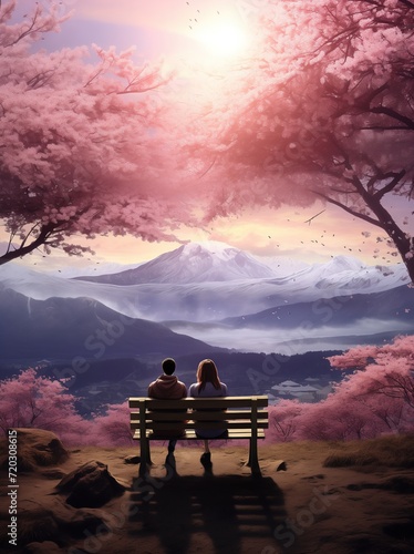 couple are sitting looking at the blossoms in front of the mountain