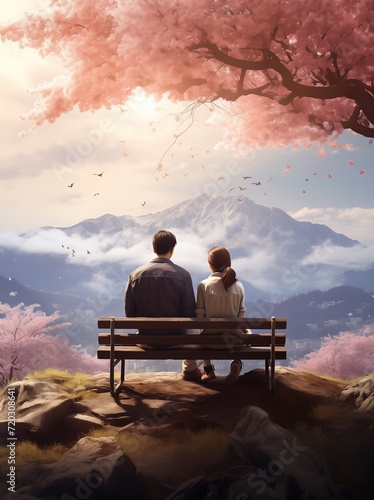 couple are sitting looking at the blossoms in front of the mountain