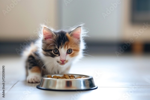 Cute fluffy calico kitten is sitting on the floor near the bowl of dry kibble cat food photo