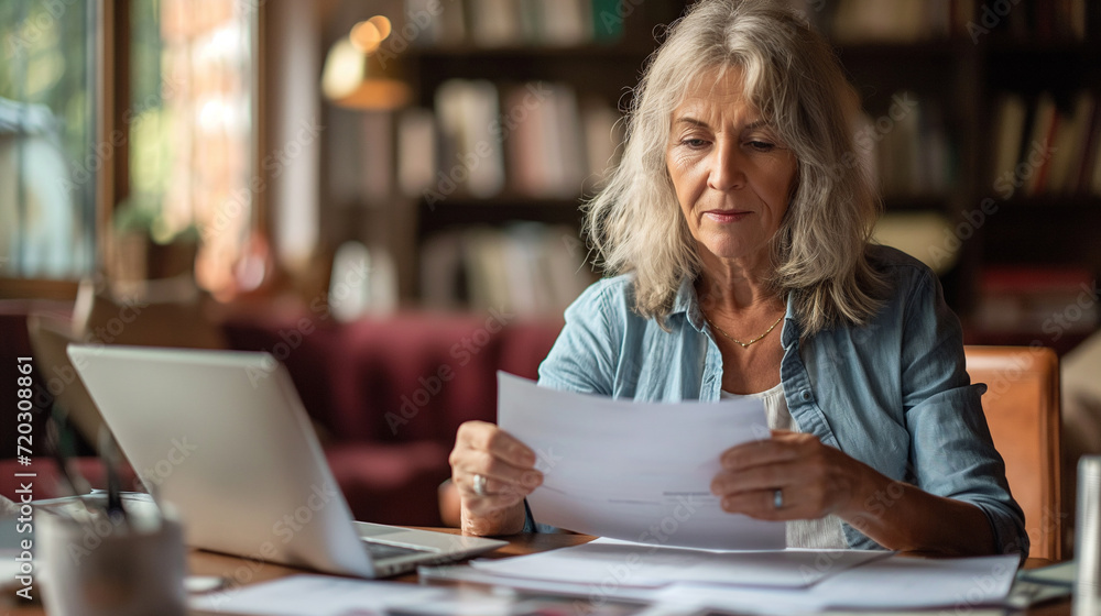 Thoughtful elderly mature woman reading paper bill, paying online at home, managing bank finances, calculating taxes, planning pension payment on loan
Thoughtful elderly mature woman reading paper bill, paying online at home, managing bank finances, calculating taxes, planning pension payment on loan
