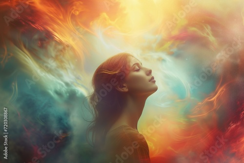 Ethereal woman in a blissful state against a dynamic colorful background