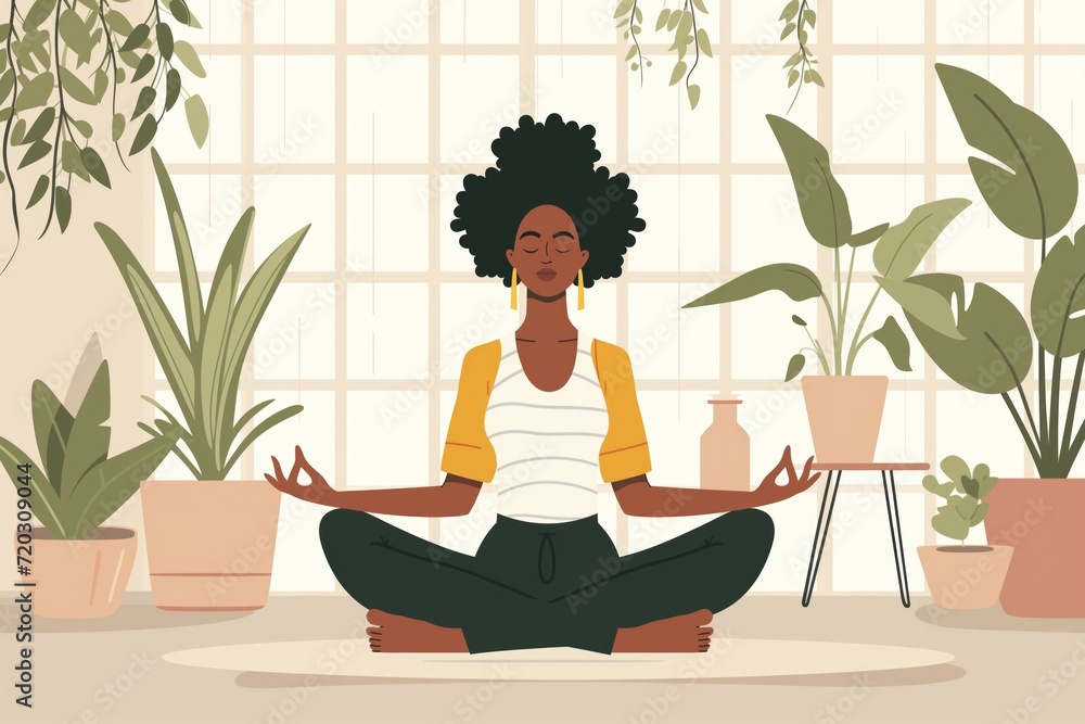 Flat illustration black woman meditating peaceful Flat illustration black woman meditating peaceful