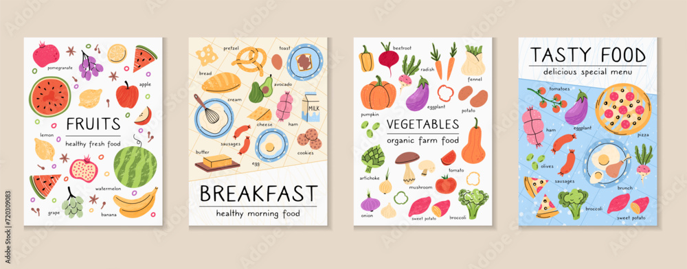 Illustration food poster. Grocery products. Plates on table. Recipe cooking ingredients. Delicious tomato. Sweet strawberry. Fruits on tablecloth. Breakfast meal. Farm vegetables. Vector garish set