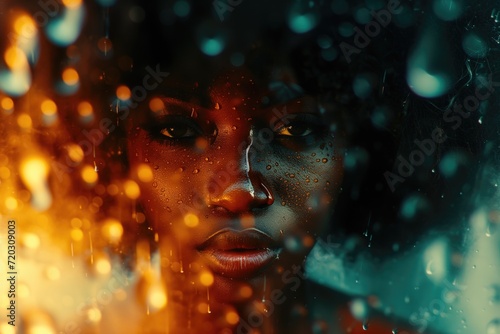 Extreme close-up  double exposure of a beautiful afro woman in the rain  drops on her face