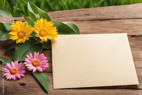 Yellow flowers and note on wooden background