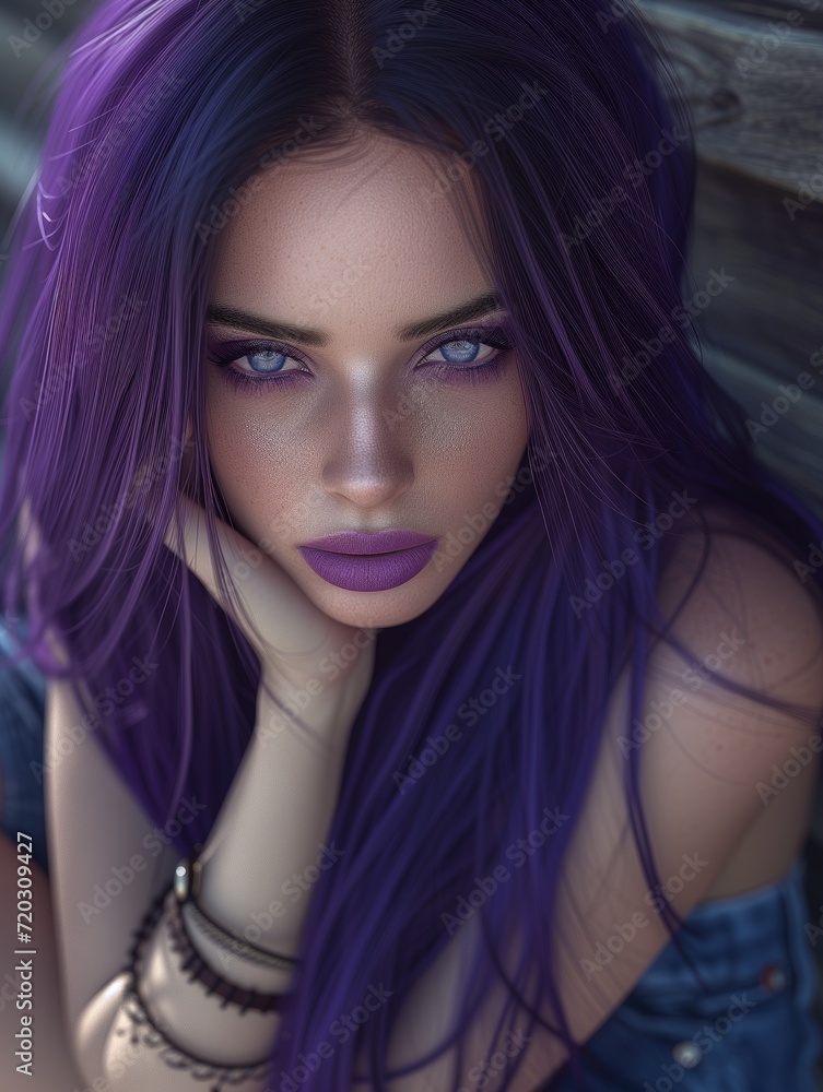 Photo of european woman photorealistic with lavender hair and lipstick Photo of european woman photorealistic with lavender hair and lipstick