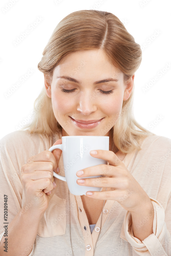 Relax, smile and woman with coffee in studio for break, aroma or peaceful moment on white background. Tea, face and happy female model with hot drink for comfort, scent or caffeine satisfaction Relax, smile and woman with coffee in studio for break, aroma or peaceful moment on white background. Tea, face and happy female model with hot drink for comfort, scent or caffeine satisfaction