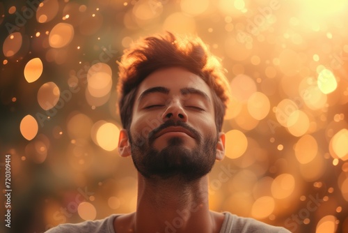 Man meditating peacefully with eyes closed  bokeh background