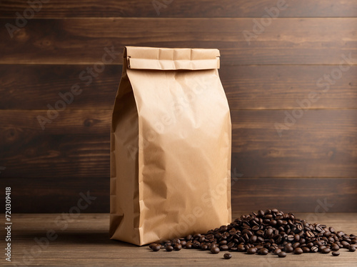 Blank brown Kraft paper bag with coffee beans on wooden background.