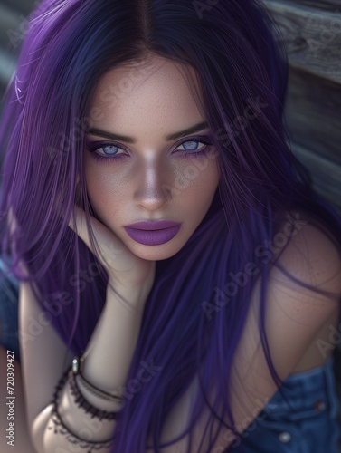 Photo of european woman photorealistic with lavender hair and lipstick © Tymofii
