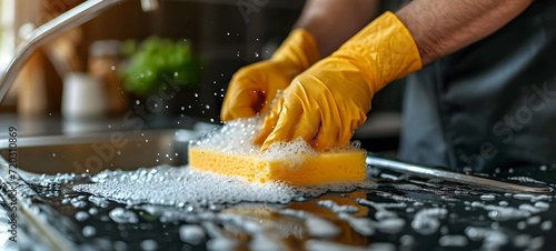Cleaning service work. Cleans the countertop with a yellow sponge. Soap stains. yellow gloves