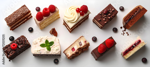 Different types of desserts on a white background.