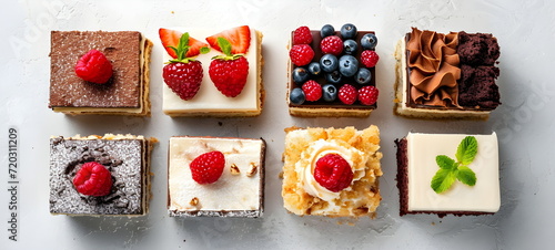 Different types of cakes on a white background.