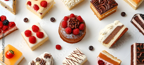 Assorted desserts on a white background. Fresh berries
