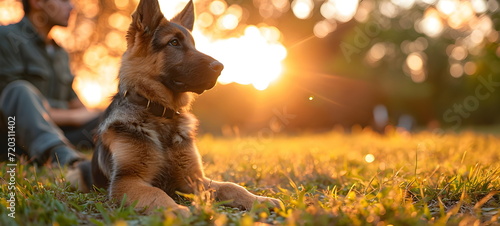 Shepherd puppy lies on the grass against the backdrop of sunset. Caring for animals.