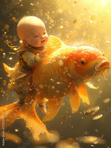 kid rider on golden fish drawing illustration, the symbol of prosperity for Chinese new year