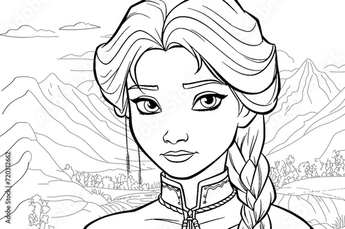  Cute fairy princess portrait coloring page. Outline black ink drawing antistress coloring book northern forest princess isolated on white vector illustration