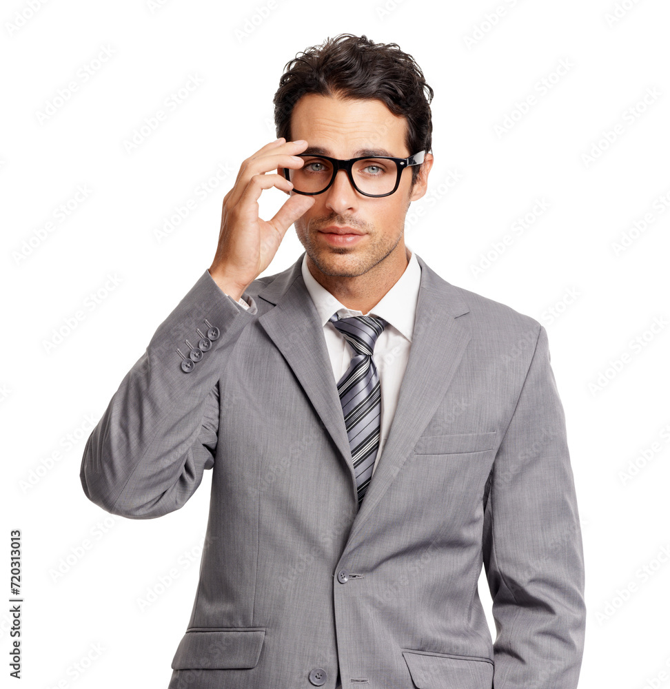 Business, man and adjusting glasses or thinking in suit with fashion, style or vision of future in white background. Serious, businessman and entrepreneur with insight, ideas and eyewear in studio Business, man and adjusting glasses or thinking in suit with fashion, style or vision of future in white background. Serious, businessman and entrepreneur with insight, ideas and eyewear in studio