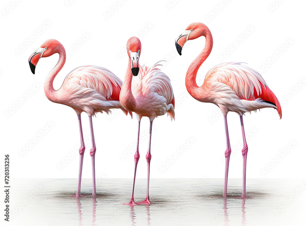 Gracefully standing three elegant pink flamingos, cut out Gracefully standing three elegant pink flamingos, cut out