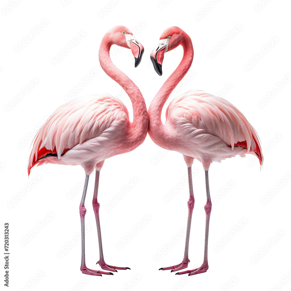 Gracefully standing two elegant pink flamingos, cut out