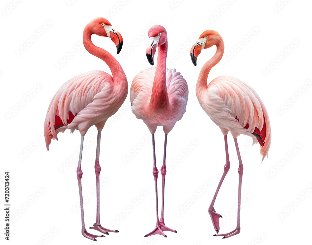 Obraz premium Gracefully standing three elegant pink flamingos, cut out