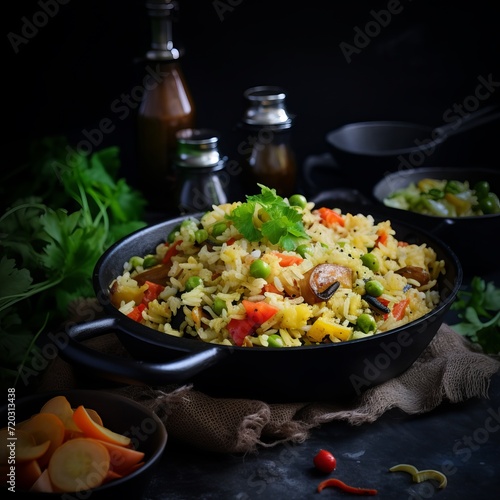 rice with vegetables, vegetable biryani in a wok