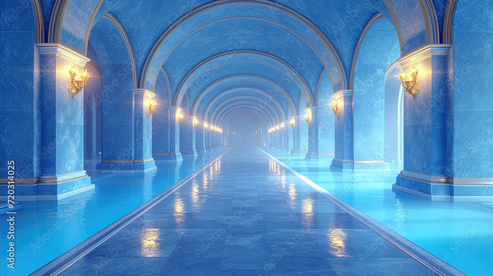 A Tranquil Hallway Bathed in Serene Blue Hues Illuminated Background