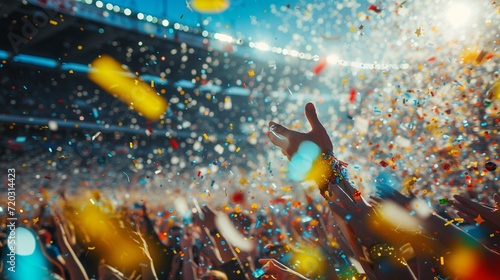 The hands of the fans in the stadium with falling shiny confetti, the opening of sports games or the festive final, the joy of the fans