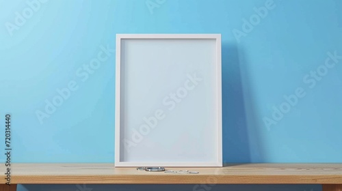 Oak console, silver rings, empty white frame, sky blue background.