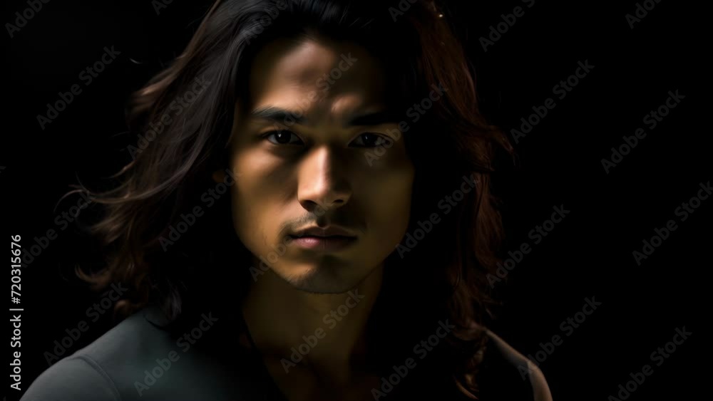 A confident Asian man holds his chin high radiating a strong sense of selfexpression. His tousled shoulderlength hair loose shirt and piercing gaze coming together in an expression A confident Asian man holds his chin high radiating a strong sense of selfexpression. His tousled shoulderlength hair loose shirt and piercing gaze coming together in an expression