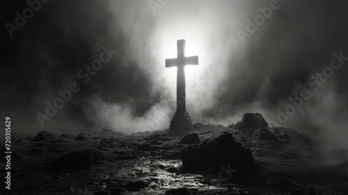 Cross in the dark with fog and light. 3d rendering. Black and white