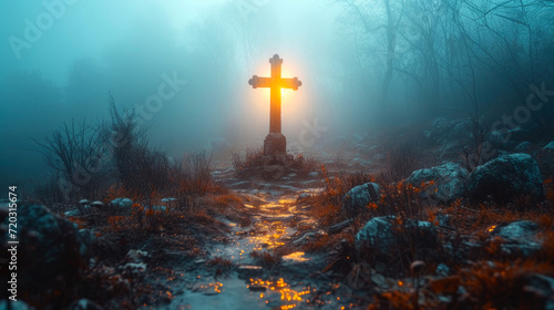 Cross on the rock. Cross with a warm light in a cold, foggy morning.