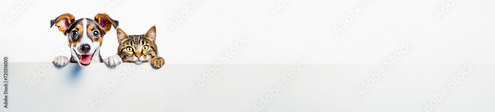 Banner image.A cute cat and dog puppies peeking out from behind a white blank banner. on gray background, copy space.White mockup.