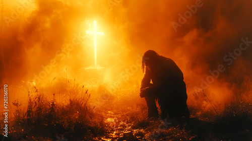 Bright burning cross with a man kneeling in front of it during the night.