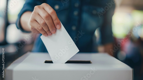 Hand mit Wahlzettel im Wahlbüro steckt Wahlzettel in Kasten Briefkasten Wahlurne Generative AI