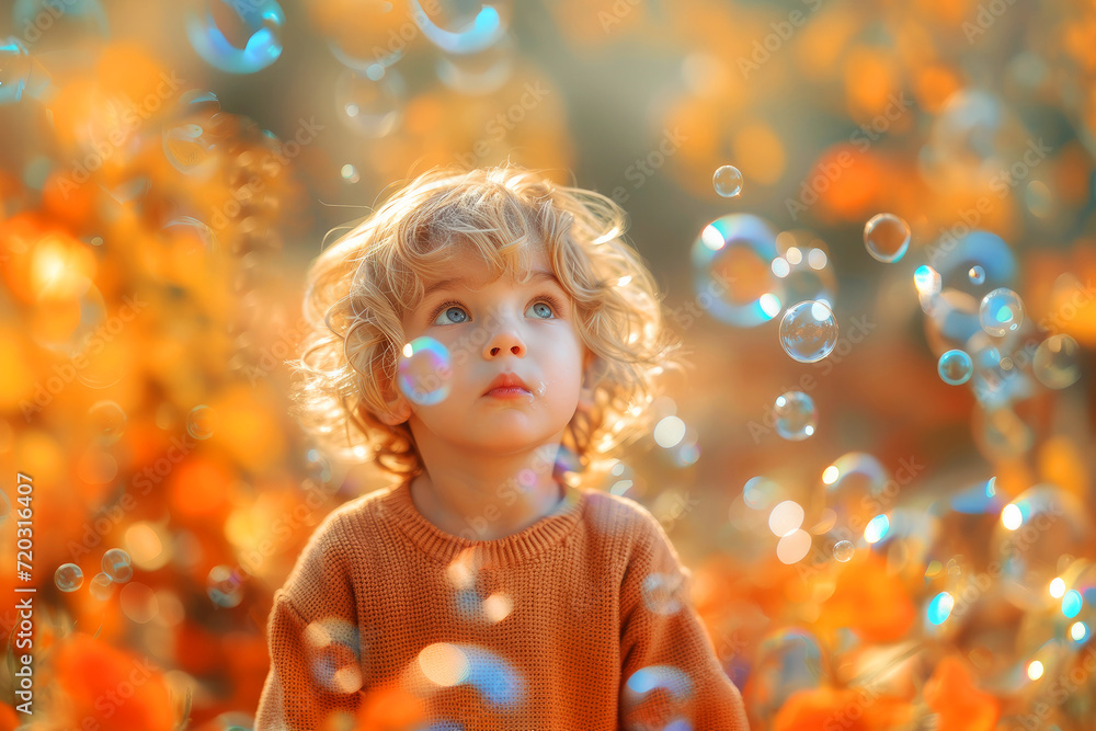 Cute little kid with soap bubbles in a field of flowers.