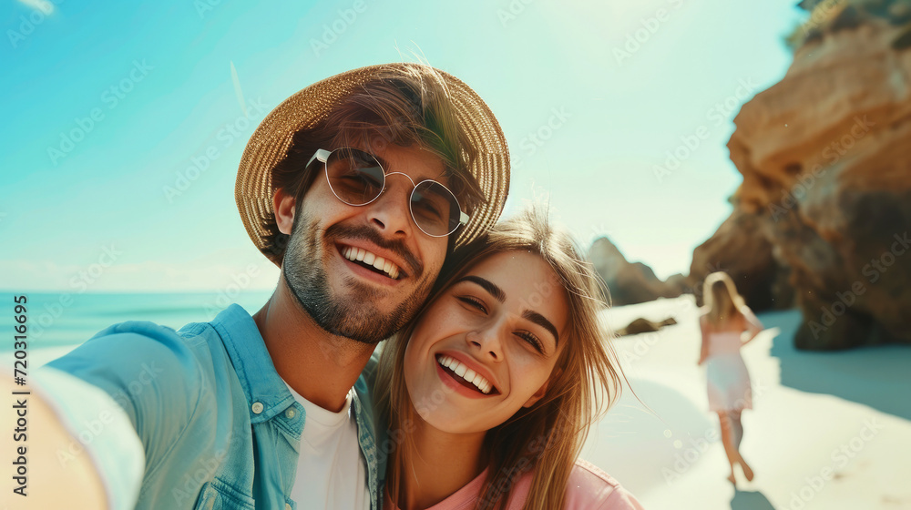  Smiling couple taking selfie with smartphone on beach summer. Holidays, vacation, travel and people concept.