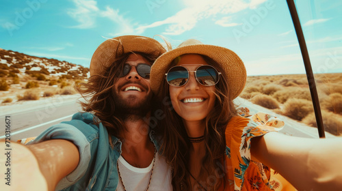 Happy young couple taking selfie on the road on a sunny day. Travel and adventure concept.