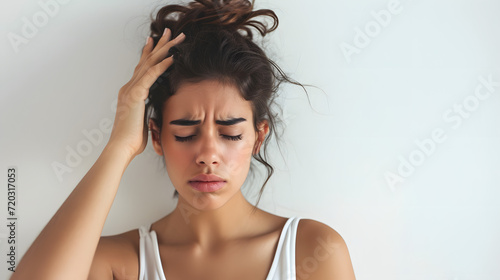 Beauty young woman clutching holding his head in worry with white studio background, worried stress headache depression concept