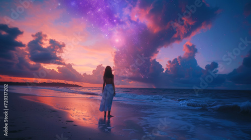 Silhouette of a woman on the beach staring at the dreamy colorful sky. © Faith Stock