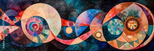 Watercolor Painting of Starry Sky, Moon, Sun and Gears - Detailed Vivid Abstract Geometric Surrealism Wallpaper created with Generative AI Technology